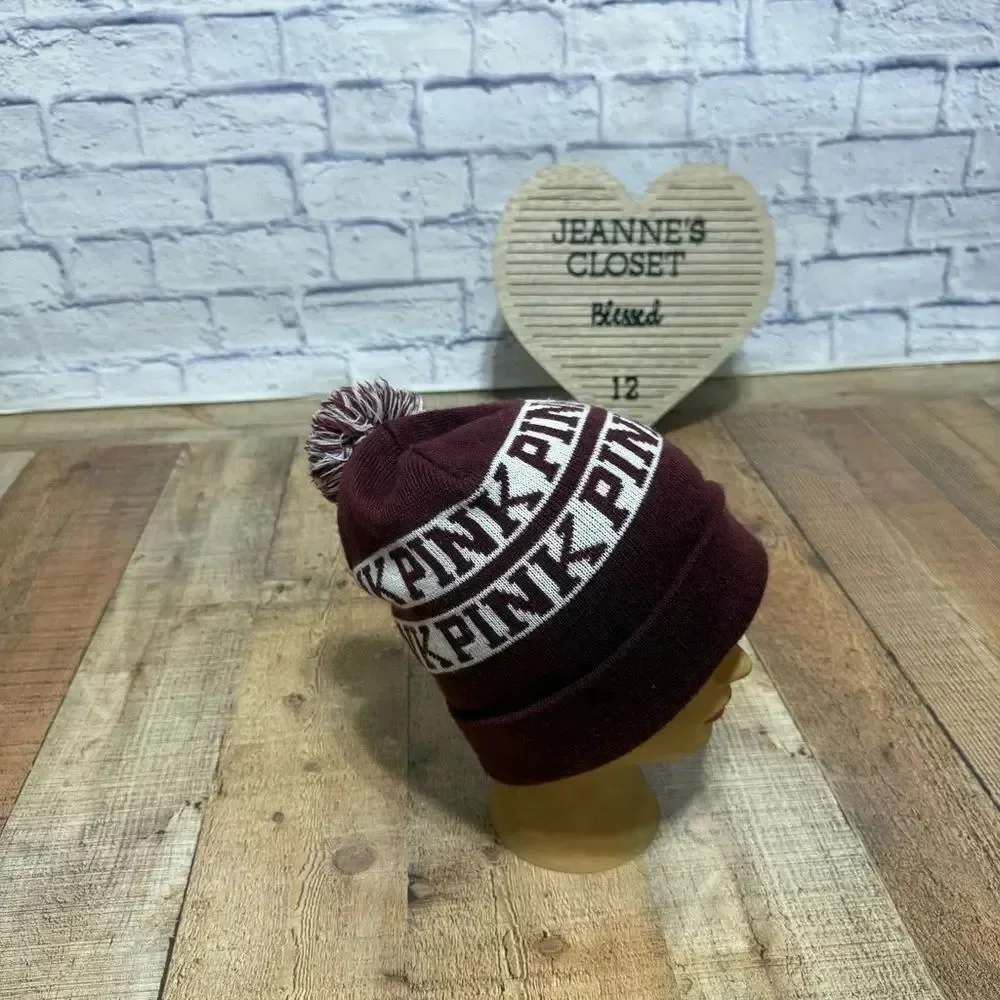 Victoria’s Secret PINK Beanie Pompom Hat Maroon Holiday Wine